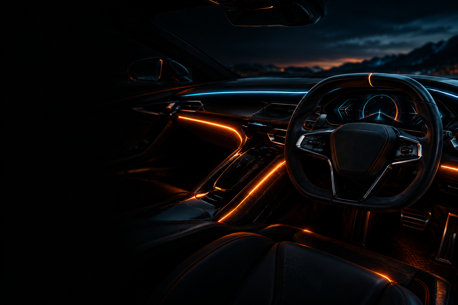Velox cockpit with cyan dashboard lighting and an orange illuminated console