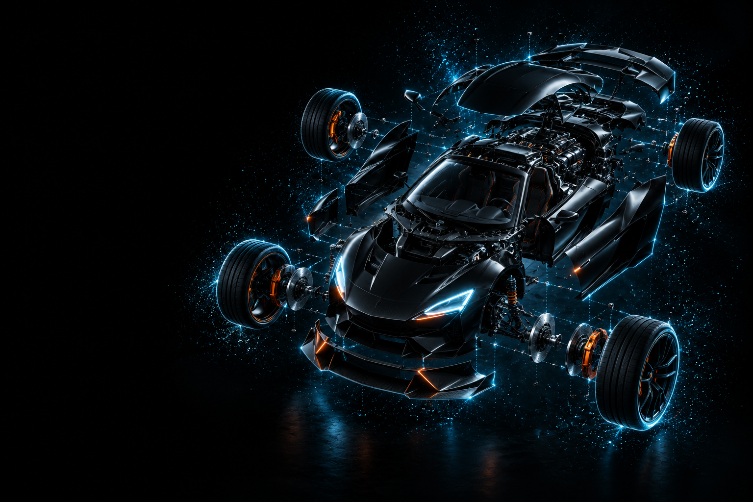 Artistic exploded view of the Velox concept with separated body panels and wheels