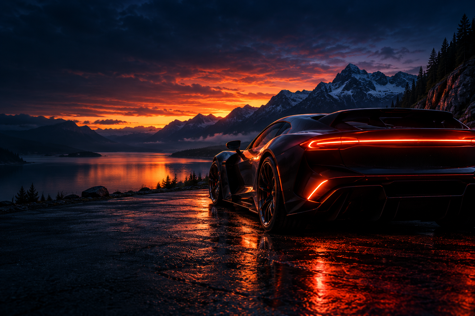 Rear of the Velox hypercar by an alpine lake at sunset, with a glowing orange light bar
